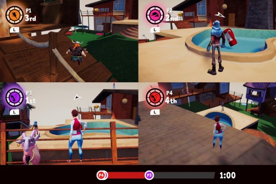 Screenshot from video game. Four different screens show human characters and a goat character.