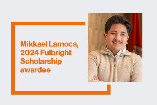 'a headshot of Mikkael Lamoca is shown on a white background with an orange square to the right with text that shows his name.'