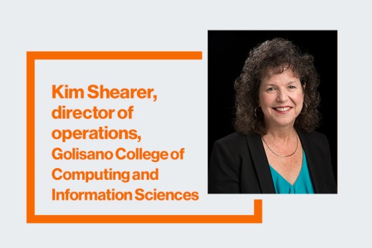 Headshot of woman with black blazer. The text reads Kim Shearer, director of operations, Golisano College of Computing and Information Sciences