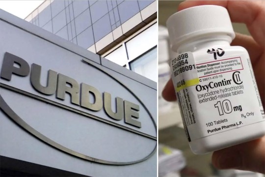 The Purdue Pharma logo is shown next to a bottle of oxycontin.