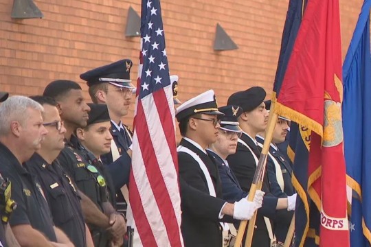 members of the military are shown in profile standing in a line and holding various flags.
