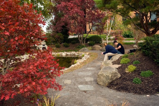 Two students sitting on rocks next to the newly renovated Tojo Memorial Garden