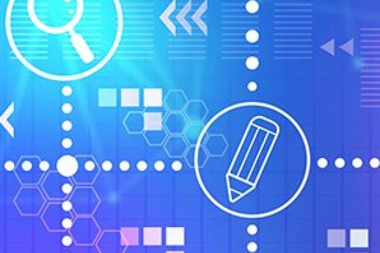 an illustrated picture of pencils and magnifiying glasses on a blue background.