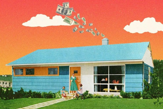 a 1950's style illustration of a home exterior with dllar bills floating out of the chimney.