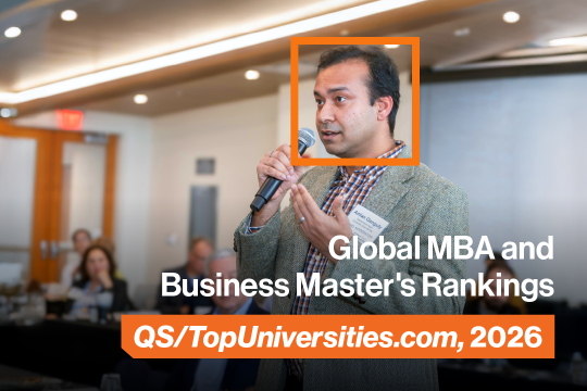 Student holding microphone with Global MBA and Business Master's Rankings QS/TopUniversities.com,2026 text