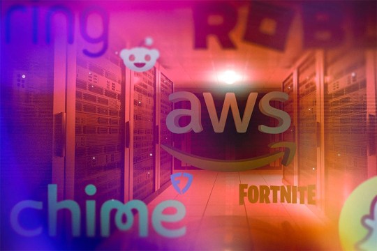 logos for many A W S products appear on a pink and orange background.