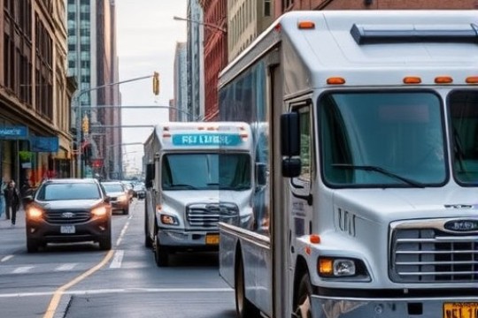 trucks drive on the streets of New York City.