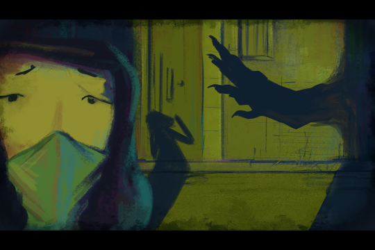 A 2D animation of a girl with a mask on.