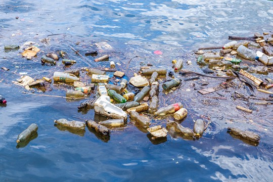 various water bottles and trash pieces appear in water.