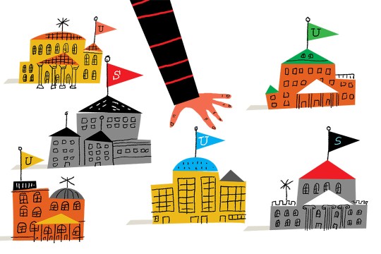 'an illustration of college buildings with a hand reaching down to pick one up'