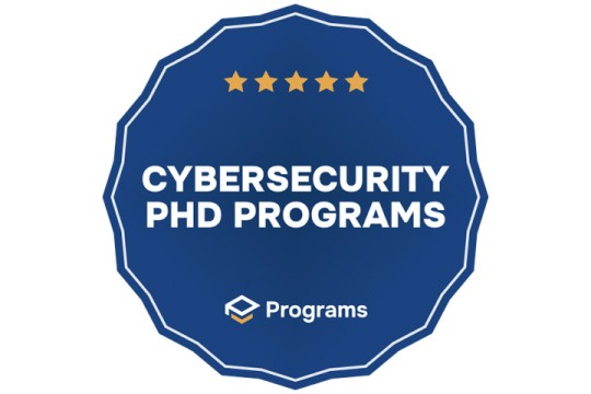 a blue circle contains the words cybersecurity phd programs with five stars