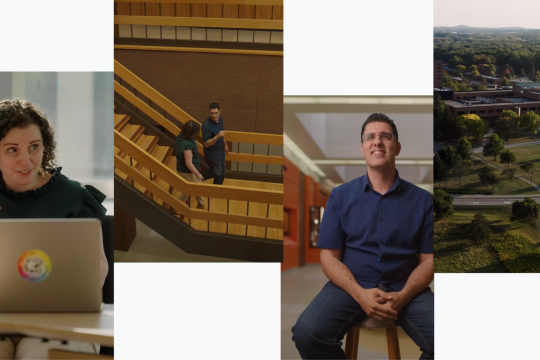 A composite of four images one with a person in front of her laptop, one with two people chatting on a staircase, one with a person sitting on a stool looking up, and an aerial view of campus.