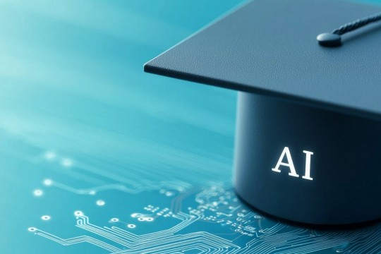 a graduation cap with the letters A I on the front sits on a blue background with lines resembling that of a computer chip.