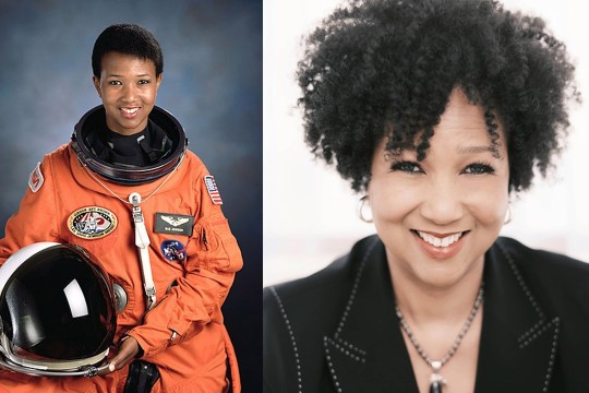'A split image of a female astronaut in space gear on the left and a woman with dark hair and a black suit jacket on the right.'