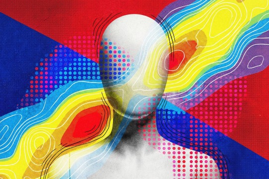 a colorful background of patterned colors and a white outline of a faceless humanoid body.