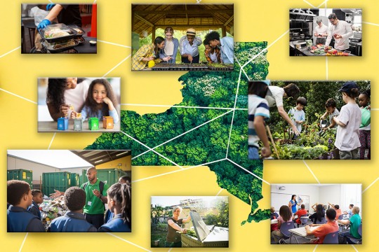 Collage of photos around a New York State outline filled with a green leaf texture, showing NYSP2I sustainability initiatives: food composting and donation, a school food waste sorting demonstration, a community garden with children, culinary students preparing food, and a classroom lesson on waste reduction.