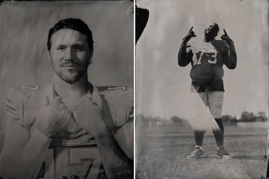 Tintype portraits of Josh Allen and Dion Dawkins.