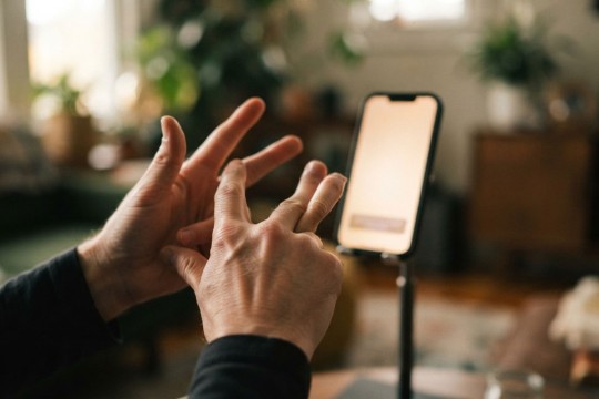 Hands signing in ASL in front of a smartphone showing sign-to-text output