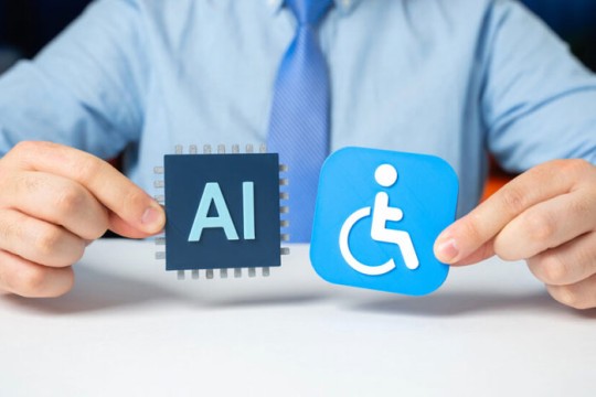 Person in shirt and tie holding up placards should AI and the handicapped symbol by Depositphotos