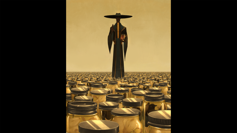 An illustration of a character silhouette standing on a group of jars.