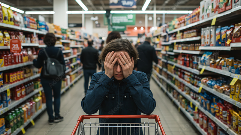 Woman in grocery store struggling to make a decision on what to buy