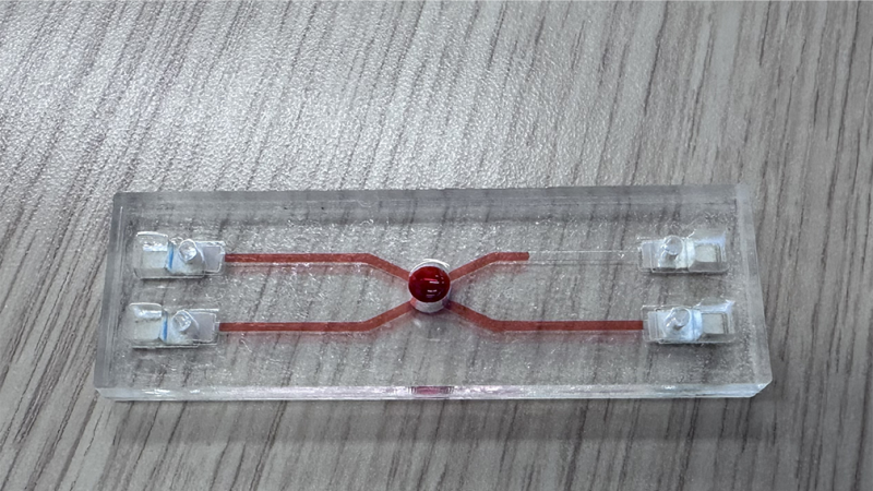 A prototype of a microfluidic device that determines ABO and Rh blood types.