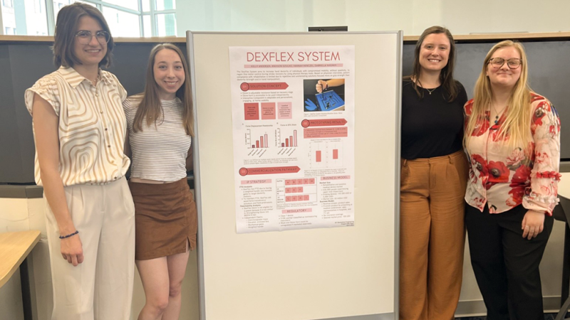 Four RIT Master's students standing on either side of a research poster and smiling.