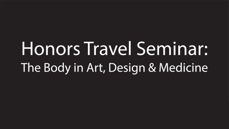 Gray background with white text: Honors Travel Seminar: The Body in Art, Design, and Medicine