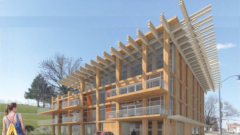 artist rendering of a multi-story building with a roof like a pergola.