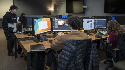 Students work in a computer lab.