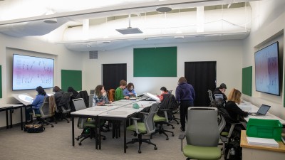 Students work on animation light tables.