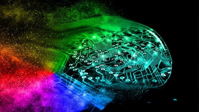 A color burst of red, pink, blue, and green, merging into a network of dots and lines that mimic a circuitboard.