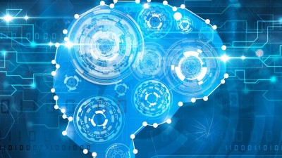 Blue digital art of a brain with gears and lines of electricity.
