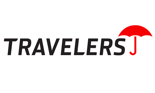Travelers written in black text with a red umbrella next to it