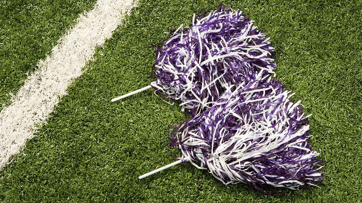 cheerleading pom poms on a field.