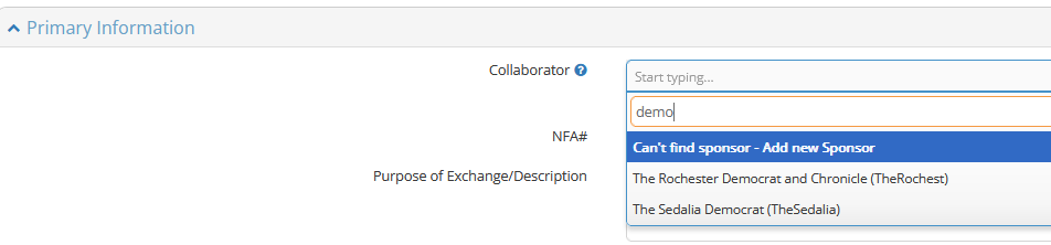 Collaborator/Sponsor Field
