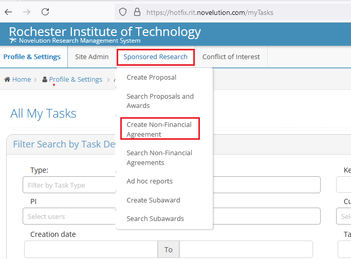 A screen shot of Novelution NFA creation options