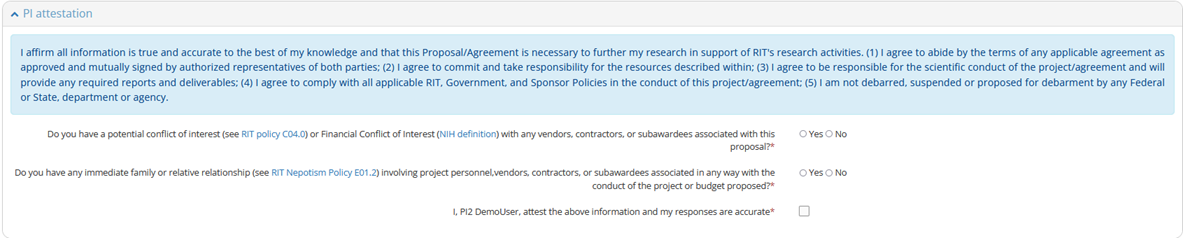 PI Attestation Screen