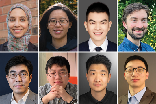 A photo collage with 8 equal boxes in 2 rows of 4 featuring headshots for each of the new eight faculty members in the College of Engineering at RIT.