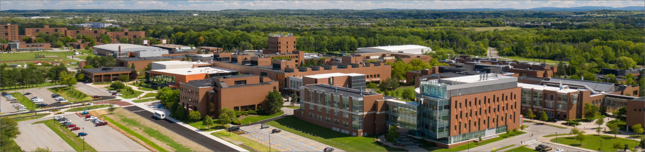 An aerial view of the R I T campus, focused on the academic side of campus.