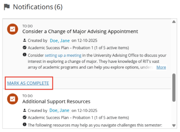 A screenshpt of an Academic Success Plan specific to-do in the notifications tab in Starfish