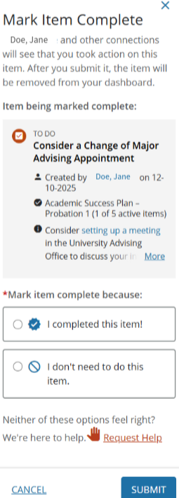 screenshot of the "mark as complete" pop up in starfish