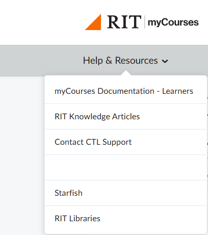 Screenshot of upper left side of myCourses that shows the 'Help & Resources' dropdown expanded