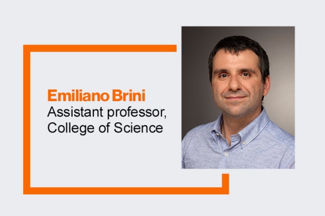 graphic with a portrait of Emiliano Brini, assistant professor, College of Science.