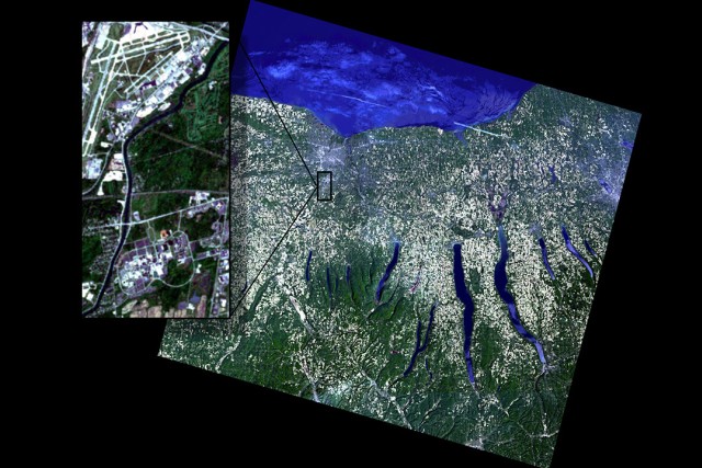 A D I R S I G simulated Landsat image shows Western New York with a zoomed in window of the Rochester International Airport and the RIT campus.