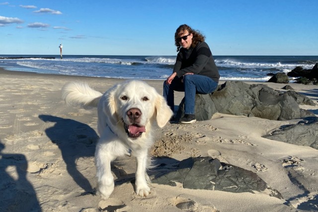 Man in black jacket and white dog at beach on a sunny day.