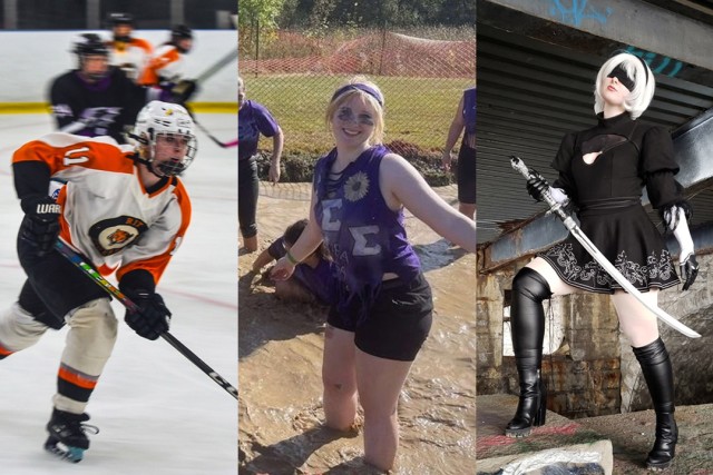 A collage of photos shows a female playing hockey, participating in a mud pit game, and dressed in a costume.