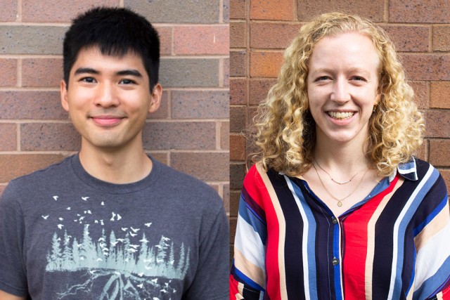 headshots of a college age male (left) and female (right) are shown against a brick background.