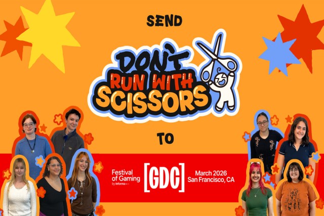 Orange background with images of students --- 5 on the left side and 4 on the right side and the logo for the game Run With Scissors. The graphic says "Send Run with Scissors to GDC Festival of Gaming