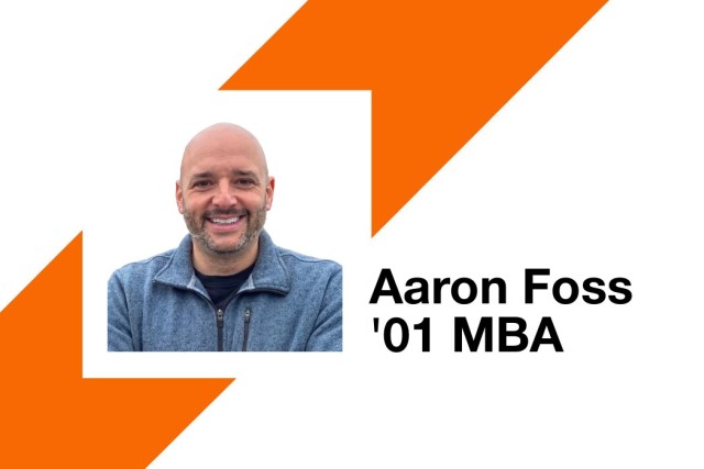 a headshot of a man in a blue sweater next to the words Aaron Foss 0 1 M B A